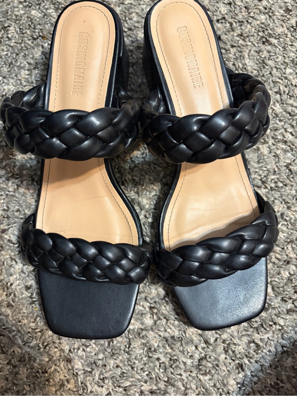 Cushionaire Black Braided Double Strap Block Heel Slide Sandals Size 10